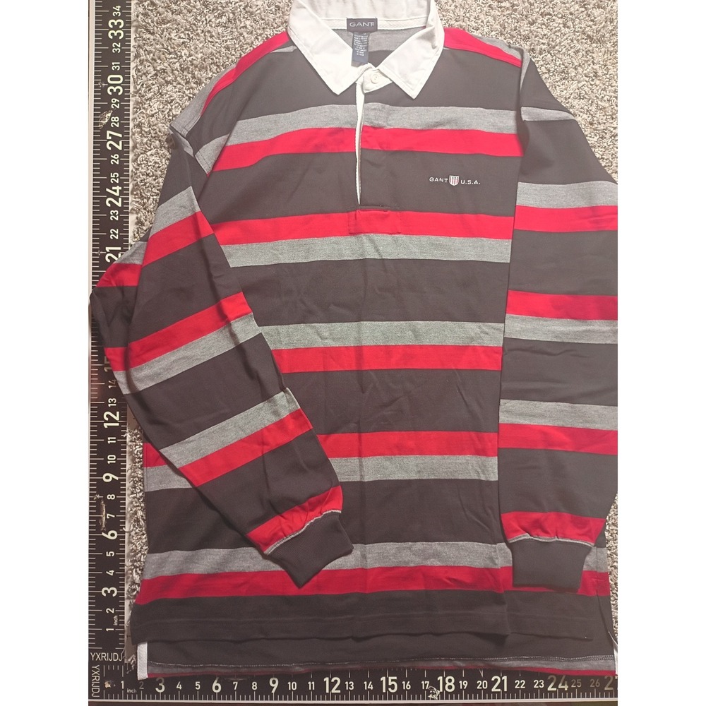 Gant USA Mens Rugby Shirt XL Long Sleeve Striped Black Red Grey Preppy Cotton